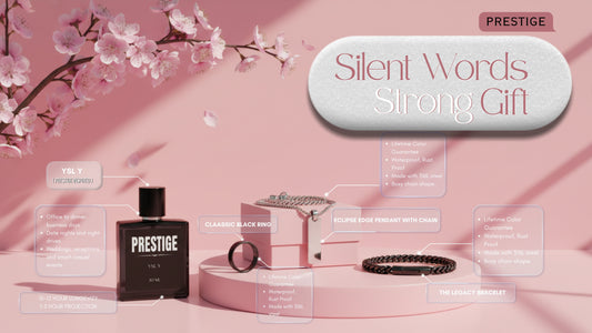 Silent Words Strong Gift collection - Classic Black Ring Eclipse Edge Pendant Legacy Bracelet YSL Y perfume on pink cherry blossom background Prestige Styles