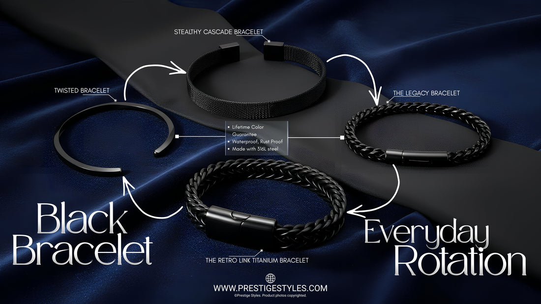 Four premium matte black bracelets for men displayed on luxury navy fabric including mesh, twisted, braided and leather styles from Prestige Styles