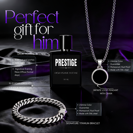 Best gift ideas for men displayed on wooden table with Prestige branding