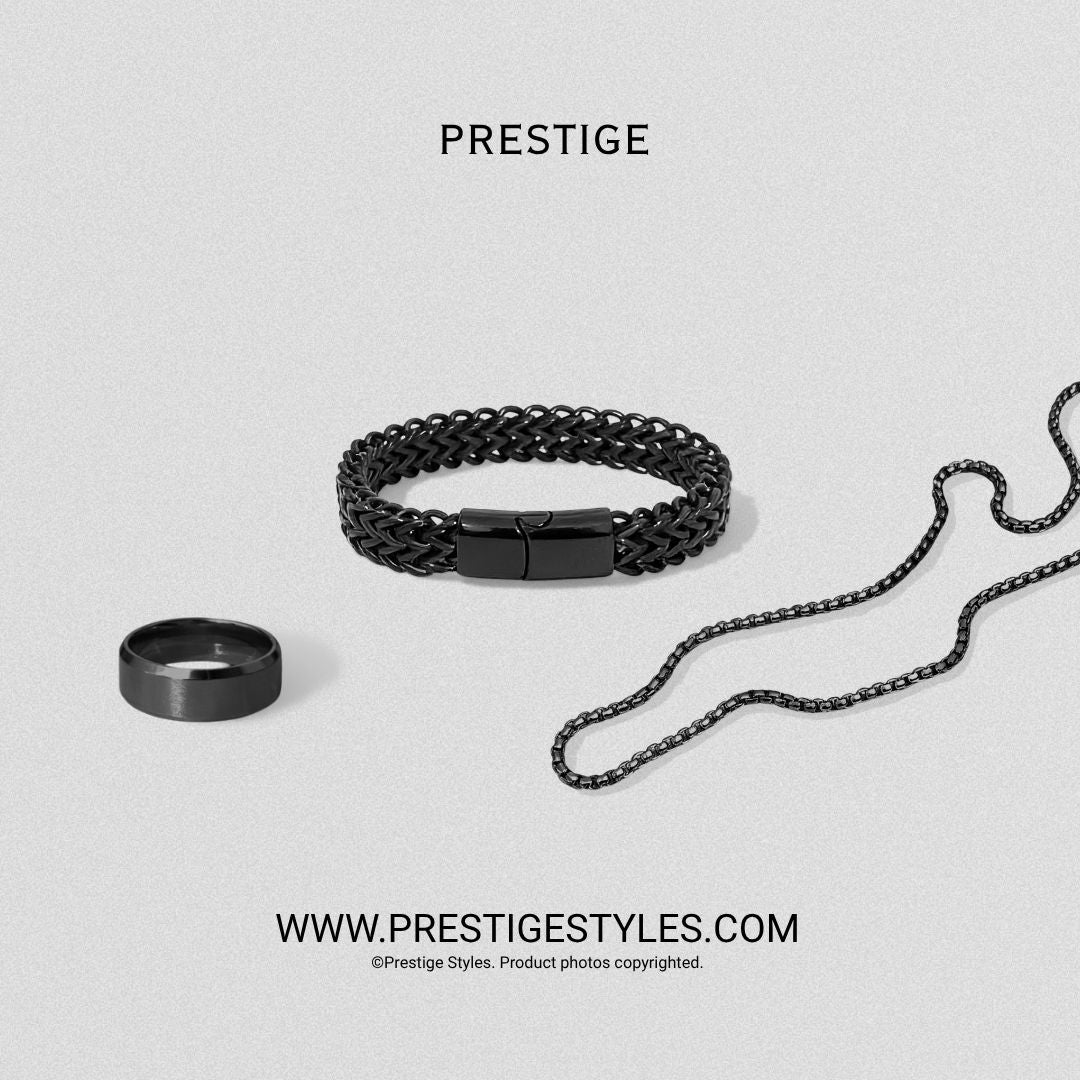3 in 1 Black Retro Combo- The Retro Bracelet, Black Chain & Sleek Ring - Prestige Styles - Bangladesh