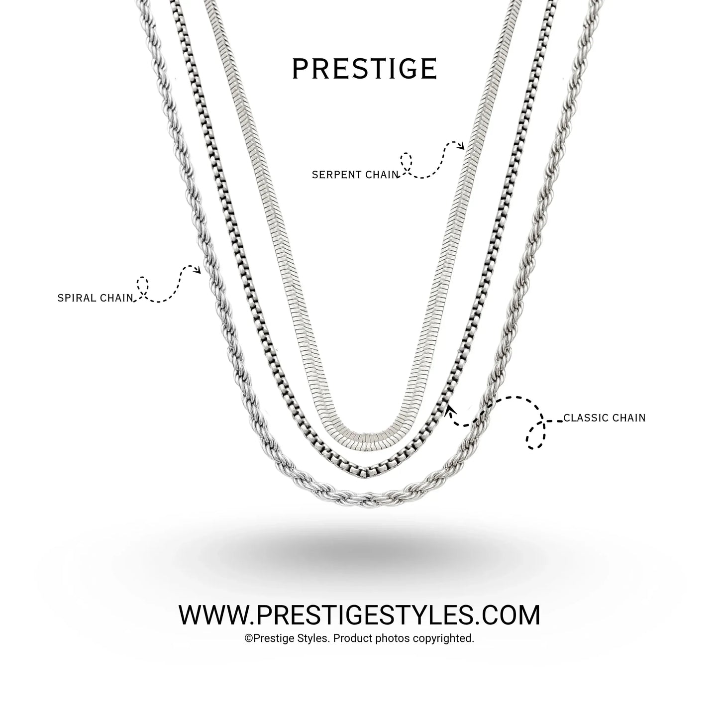 3 in 1 Chain Combo – Spiral Chain, Classic Chain & Serpent Chain - Prestige Styles - - 