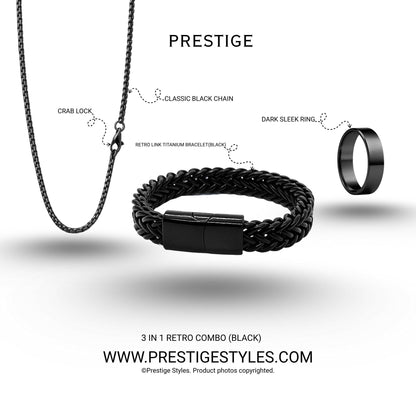 3 in 1 Black Retro Combo- The Retro Bracelet, Black Chain & Sleek Ring - Prestige Styles