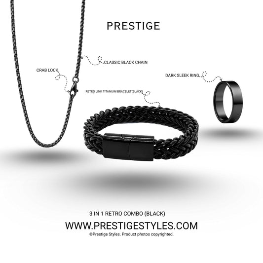 3 in 1 Black Retro Combo- The Retro Bracelet, Black Chain & Sleek Ring - Prestige Styles