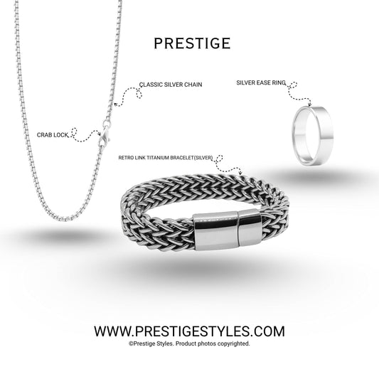 3 in 1 Silver Retro Combo- The Retro Bracelet, Silver Chain & Sleek Ring - Prestige Styles